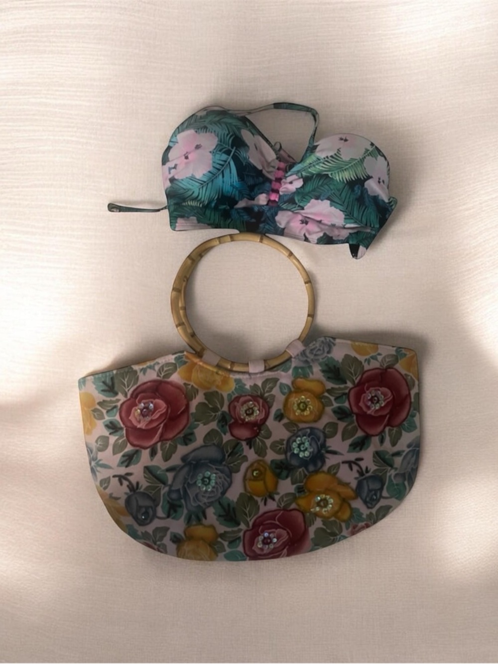 Set Floral Handle Tote Bag & OP multicoloured bikini top Size M  for beach 🏖️